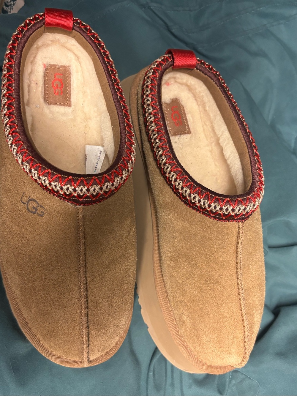 UGG Chestnut Suede Slip-On Mules with Red Accent Trim